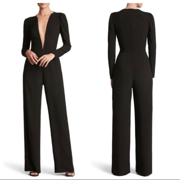 DRESS the POPULATION Drew Plunging Mesh Long Sleeve Black Jumpsuit Size S - Picture 1 of 10